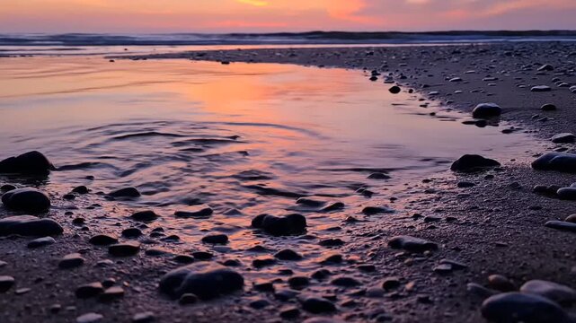 Cinematic tide pool scene with still water reflecting sunset colors, featuring subtle ripples and natural textures for a peaceful beach visual