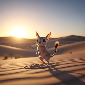 A cute desert jerboa-like creature standing on sand dunes at sunset, with warm light and long shadows.