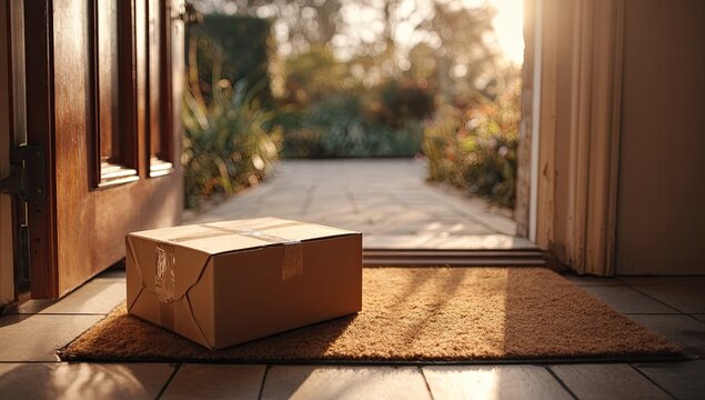 A cardboard package sits on a doormat outside an open doorway, bathed in warm sunlight, suggesting a delivery or a welcoming gesture.