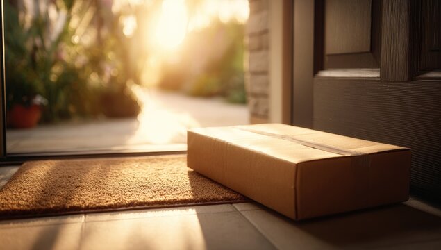 A cardboard box sits on a doormat just inside an open doorway, bathed in warm sunlight filtering through lush greenery.
