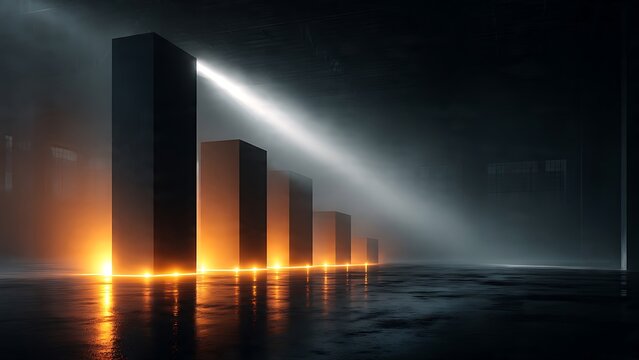 Monolithic black pillars stand in a row with a bright spotlight shining on the tallest block and orange light glowing from the floor in a dark studio setting