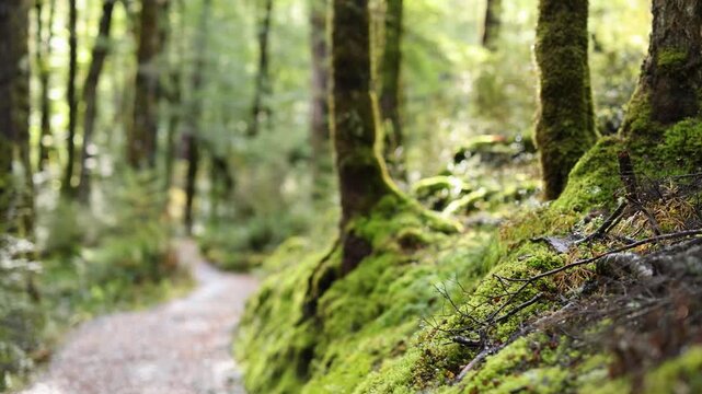 Peaceful forest path winding through moss covered trees in lush green woodland.