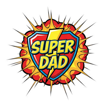 Super dad comic style emblem with shield and bolt png.