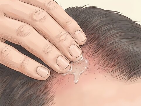 A detailed close-up illustration of a hand massaging liquid minoxidil serum into a dark-haired scalp, representing hair loss treatment, scalp care, and hair regrowth therapy concepts.