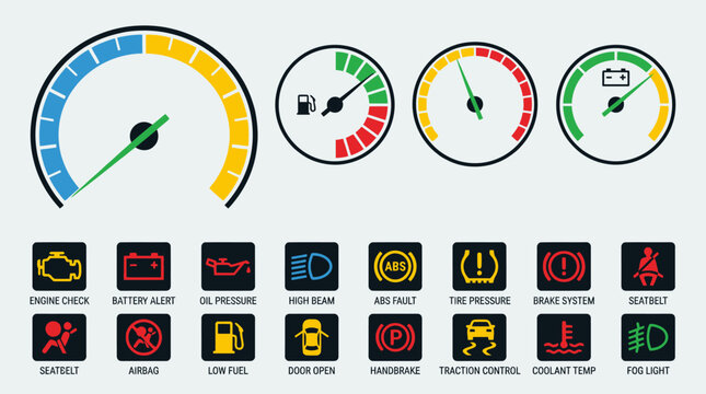 Car dashboard warning lights symbols.