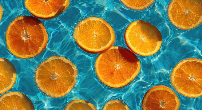 A vibrant overhead shot showcases slices of orange floating serenely in crystal-clear blue water, creating a refreshing and visually appealing composition.