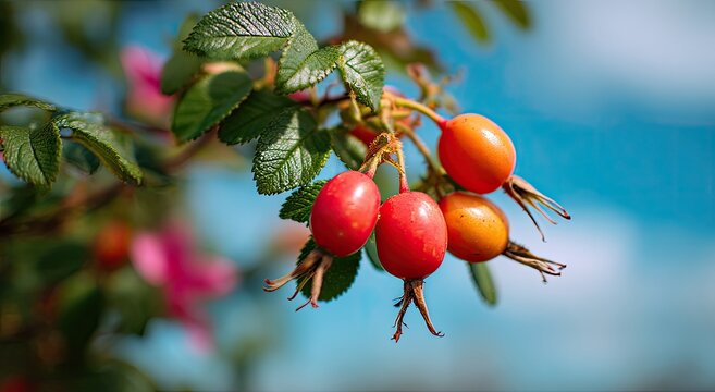 A close-up photograph showcases vibrant rose hips nestled amongst lush green leaves against a blurred turquoise sky, highlighting the beauty of nature's bounty.