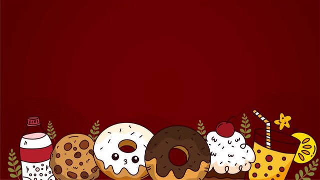 Assorted sweet donuts and cupcakes border on red background