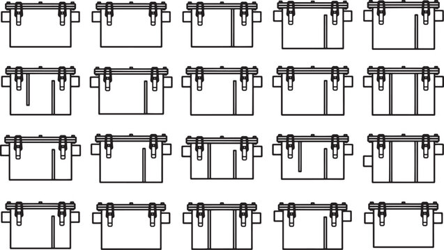 An intricate overhead view showcases rows of neatly arranged toolboxes, each boasting a unique configuration of compartments and closures in a crisp and orderly presentation.