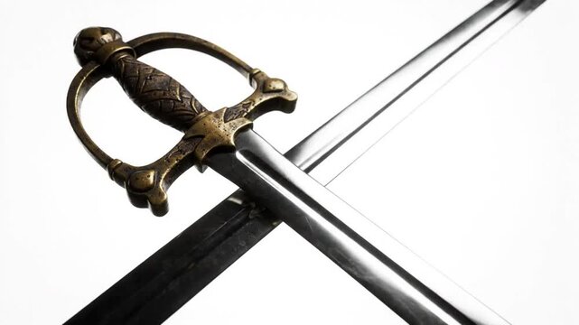Crossed antique swords with ornate bronze handle and shiny blades against a white background