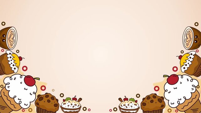 Sweet bakery cupcakes and cream puffs border on cream background
