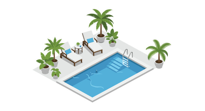 A pristine isometric swimming pool area features elegant white lounge chairs and lush potted palm trees under bright and clear daylight conditions.
