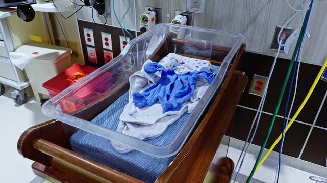 Clear plastic hospital bassinet holding blue blanket sits on wooden cart in NICU room surrounded by medical equipment and supply carts.