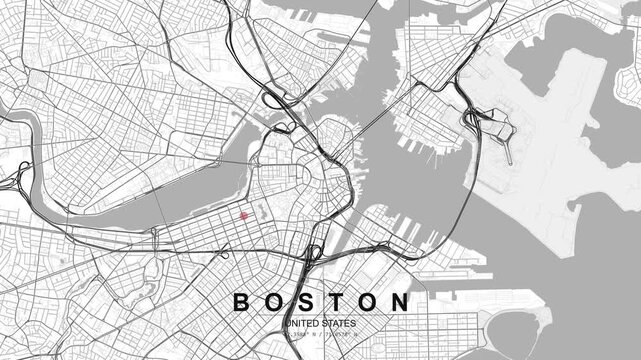 Monochrome map of Boston, United States showing detailed street grid, river and harbor layout with a red location pin marking a point in the city.