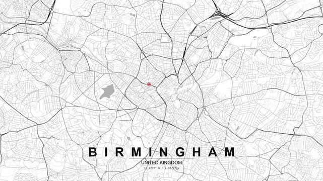 Monochrome map of Birmingham, United Kingdom showing detailed street grid and road network with a red location pin marking a point in the city.