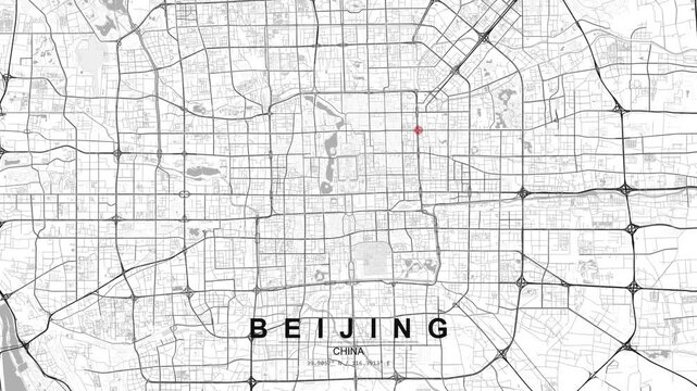 Monochrome map of Beijing, China showing dense street grid and major road network with a red location pin marking a point in the urban area.