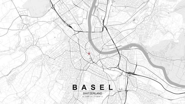 Monochrome map of Basel, Switzerland showing river curves, street grid and road network with a red location pin marking a point in the city.