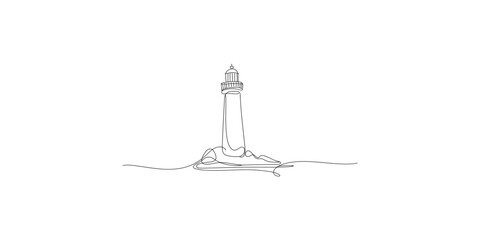 A minimalist line drawing of a lighthouse on a rocky island in the ocean © Line Art