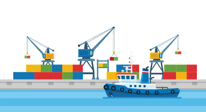 Vibrant maritime scene features a small blue tugboat navigating the water in front of a busy container terminal with multiple active cranes and stacks.