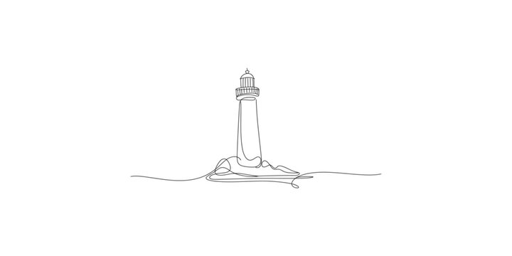 A minimalist line drawing of a lighthouse on a rocky island in the ocean