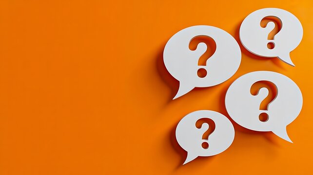 Question marks speech bubbles on orange background asking and thinking concept