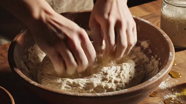 Close up of hands kneading dough in a wooden bowl with flour and olive oil on a wooden table, slow motion.