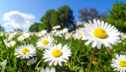 Obraz premium Daisies in a green field with trees.