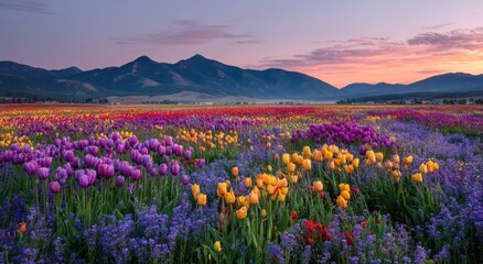 Obraz premium A vibrant field of tulips and wildflowers stretches towards distant mountains bathed in the warm hues of a breathtaking sunset.