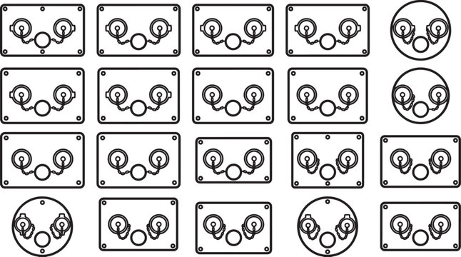 A collection of electrical switch panels presented in a minimalist, schematic design, conveying an abstract representation of technology. 