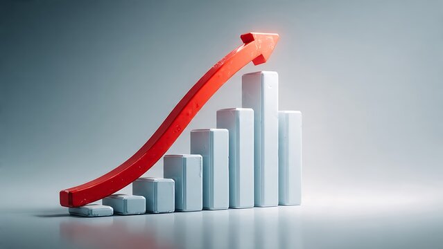 Red upward arrow business growth chart showing rising financial success and economic progress on a clean reflective surface with white bar columns and copy space