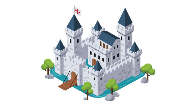 A pristine isometric illustration of a white medieval castle with blue pointed roofs surrounded by a water moat and a wooden drawbridge entrance way.