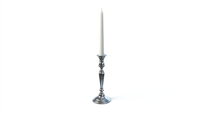 A single white candle in a silver metallic candlestick holder isolated on white background