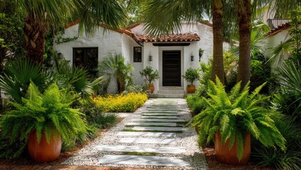 Fototapeta premium Lush tropical foliage surrounds a charming stucco home with a tiled roof