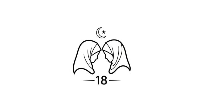 Two women wearing hijabs with a crescent moon symbol above them and the number eighteen below.