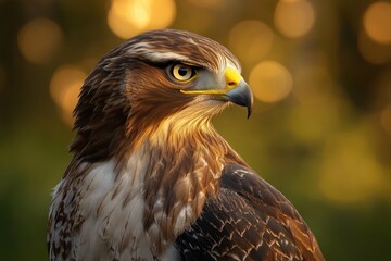 Obraz premium Majestic brown hawk profile with intense yellow eye and sharp hooked beak against warm golden bokeh, alert and proud expression