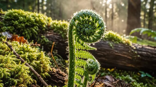 Morning sun illuminates a fern unfurling with delicate water droplets in a tranquil forest scene
