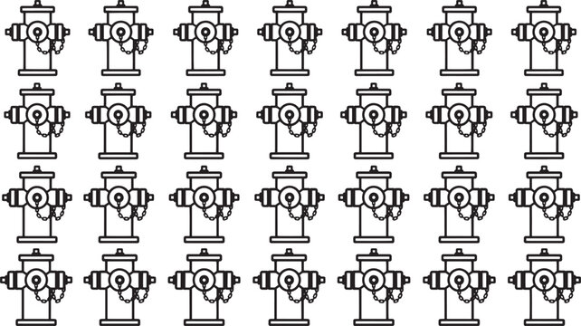 An array of uniformly designed fire hydrants create a rhythmic pattern.