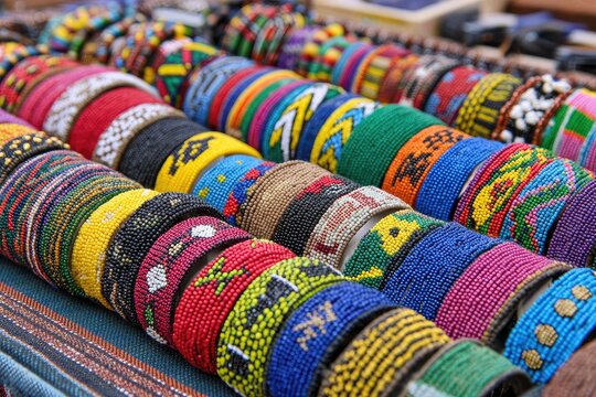 A vibrant display of handcrafted beaded bracelets in a variety of colors and patterns is showcased at a market stall, highlighting intricate designs and cultural artistry.