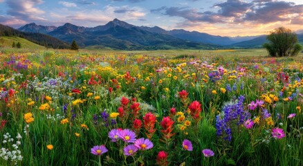Obraz premium A vibrant wildflower meadow stretches across a valley, framed by majestic mountains under a colorful sunset sky, creating a breathtaking landscape scene.