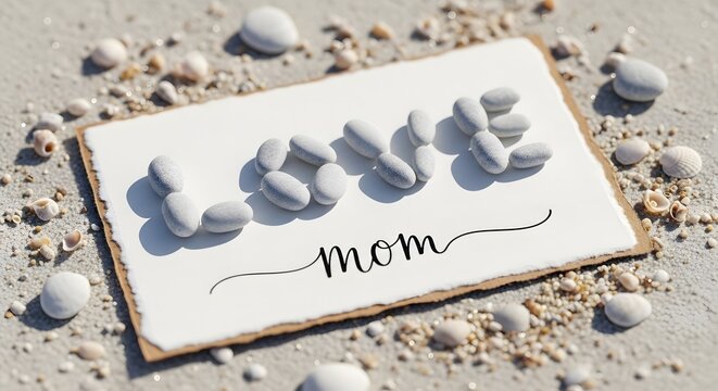 Heartfelt 'LOVE mom' message crafted with natural pebbles on a serene sandy beach, a beautiful and gentle tribute to maternal affection and seaside tranquility
