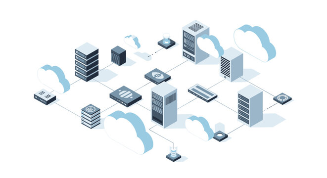 A complex network of grey server racks and networking hardware is interconnected by thin lines with fluffy white clouds floating throughout a clean digital space.