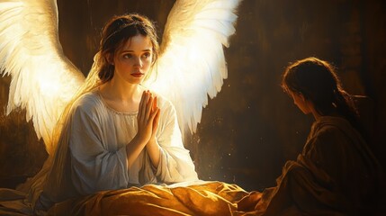 Fototapeta premium glowing angel with large white wings praying beside a seated figure in shadow, warm golden light and a serene reverent atmosphere