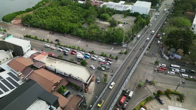 Elevated Bridge Across Main Road Streets With Traffic In The City Of Iloilo On Panay Island, Philippines.
