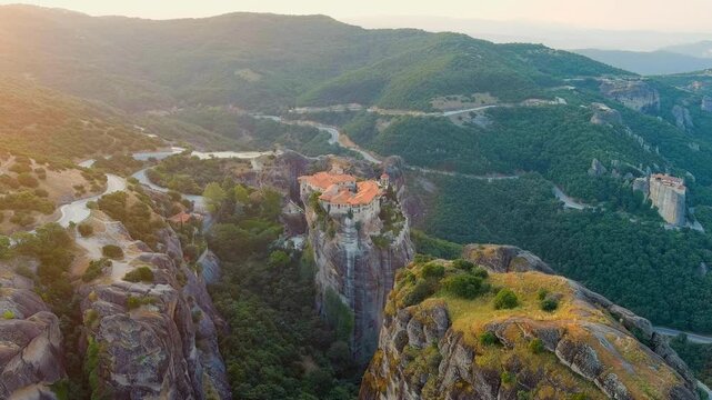 Meteora, Kalabaka, Greece. Monastery of Varlaam. Meteora - rocks, up to 600 meters high. There are 6 active Greek Orthodox monasteries listed on the UNESCO list. Drone footage