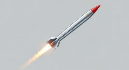 Naklejka premium Dynamic silver rocket soaring skyward with a bright fiery trail symbolizing innovation and rapid