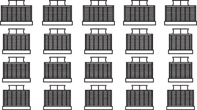 A grid of repetitive geometric structures, showcasing modern urban planning, industrial designs.