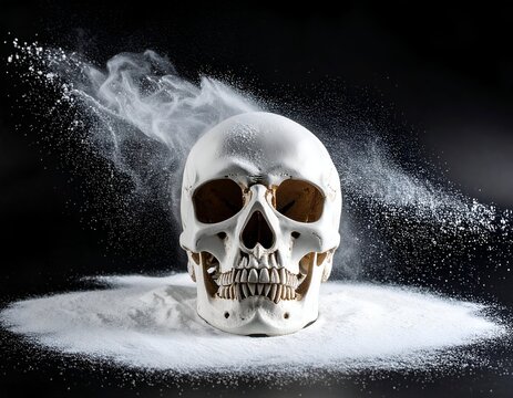 Dramatic Human Skull Head Exploding or Disintegrating into a Powerful White Powder Smoke Cloud
