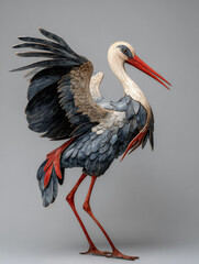 Fototapeta premium Detailed wood carving of crane bird with elegant blue, white, and red feathers, standing gracefully with wings spread wide
