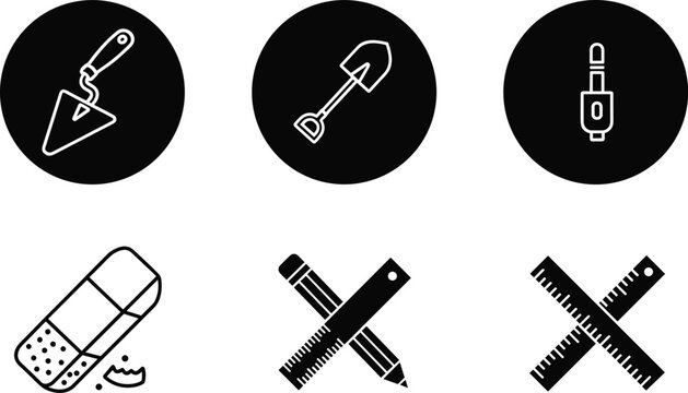 Tool and Stationery Icons Set with Trowel, Shovel, Pencil, Ruler and Adhesive Bandage Vector Illustration Collection