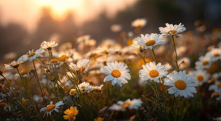 A field of delicate daisies basks in the warm glow of the setting sun, creating a serene and picturesque scene. © Kelapa